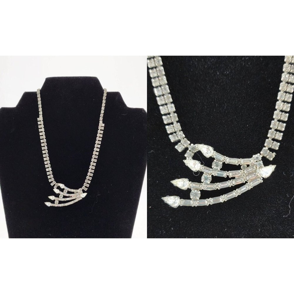 Vintage Garne Jewelry Signed Silver Tone Starburst Clear Rhinestone‎ Necklace